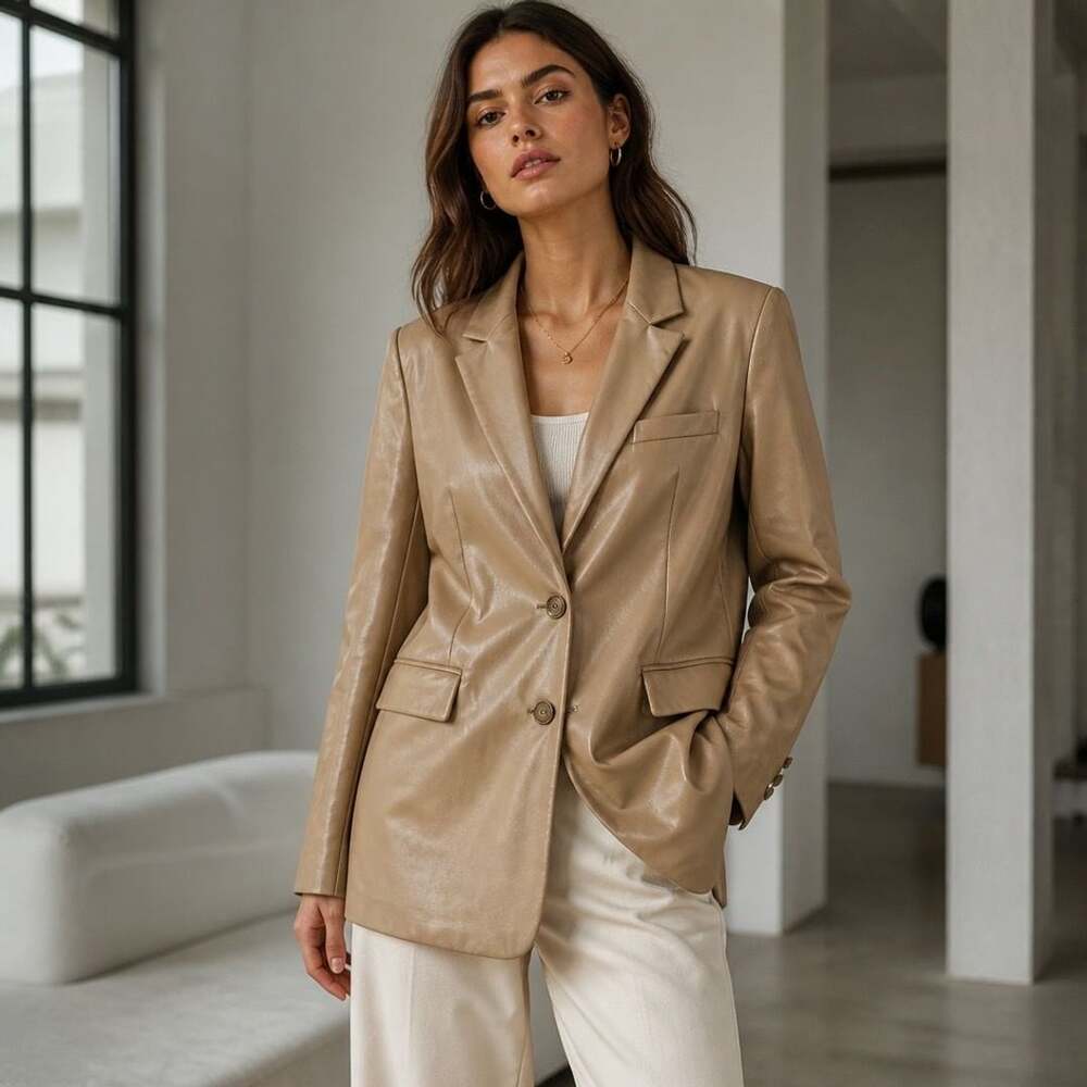Joie Beige Faux Leather Blazer Jacket Size XL
